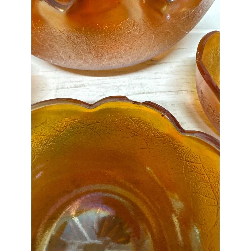 Vintage Amber Iridescent Carnival Glass‎ Footed Bowl Set Dessert Candy Dishes
